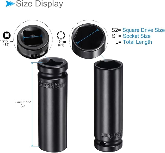 Deep Impact Socket, 12"" Drive 19mm Socket, CR-V Steel Rounded Corner Design 6-Point Deep Impact Socket - (Applications: for Screw Installation and Removal), Onesize