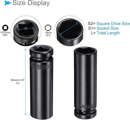 Deep Impact Socket, 12"" Drive 19mm Socket, CR-V Steel Rounded Corner Design 6-Point Deep Impact Socket - (Applications: for Screw Installation and Removal), Onesize