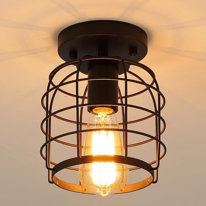 Create For Life Industrial Vintage Flush Mount Ceiling Light,Rustic Metal Cage Semi Flush Mount Ceiling Lamp Fixture for Hallway Stairway Kitchen Garage, E26, Black Finish,2 Pack