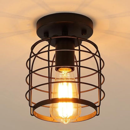Create For Life Industrial Vintage Flush Mount Ceiling Light,Rustic Metal Cage Semi Flush Mount Ceiling Lamp Fixture for Hallway Stairway Kitchen Garage, E26, Black Finish,2 Pack