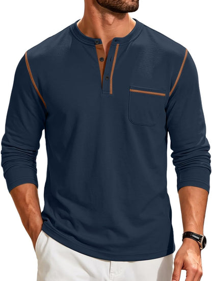 QOSOQ Men's Henley Shirt Long Sleeve T-Shirt Casual Top Pullover Lightweight Top Shirts with Button.