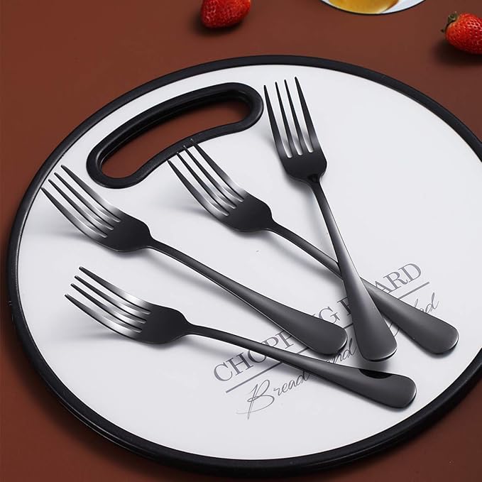 Black Dinner Forks of 4, Berglander 7.9" Stainless Steel Titanium Shiny Black Plating Fork Set, Forks And Spoons Silverware, Table Forks Set Sturdy And Dishwasher Safe