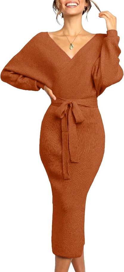 Chang Yun Women's Long Maxi Sweater Dresses Sexy Wrap Batwing V Neck Slit Open Back Holiday Bodycon Dress with Belt