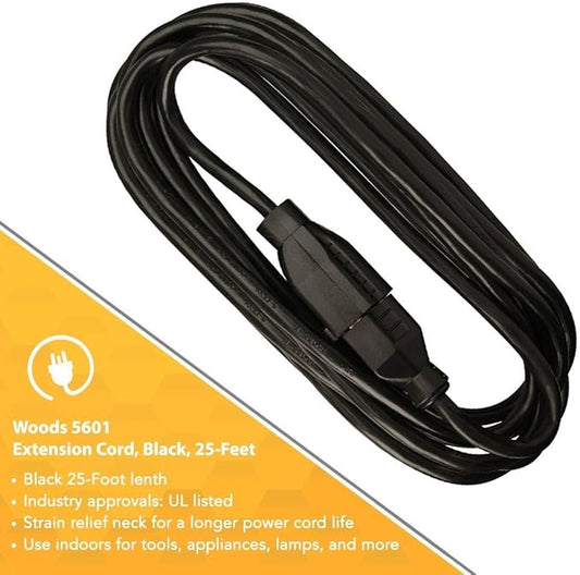 Woods Light Duty Extension Cord, 25Ft, 16 Gauge, 3 Conductor, Office Cord, SJTW, Black, 5601