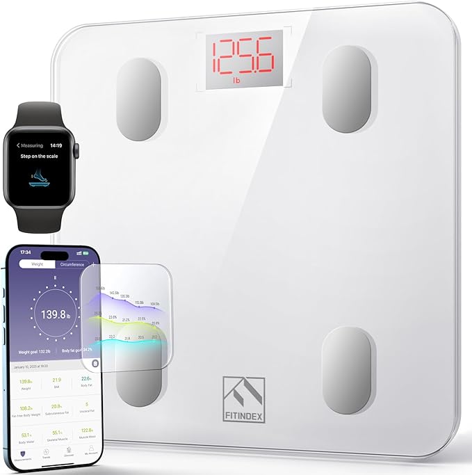 FITINDEX Smart Scale for Body Weight, Scale with BMI, Body Fat, Muscle Mass, Bluetooth,13 Body Composition Analyzer, Sync APP, Digital Bathroom, FSA HSA Eligible, 400lb, White
