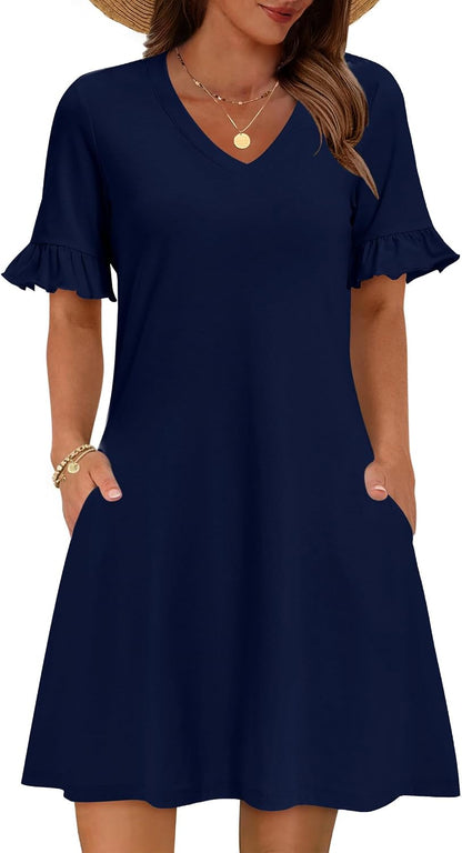 Zeagoo Summer Casual Dresses for Women A Line Sun Dress Ruffle Short Sleeve V Neck Floral Tshirt Dress with Pockets