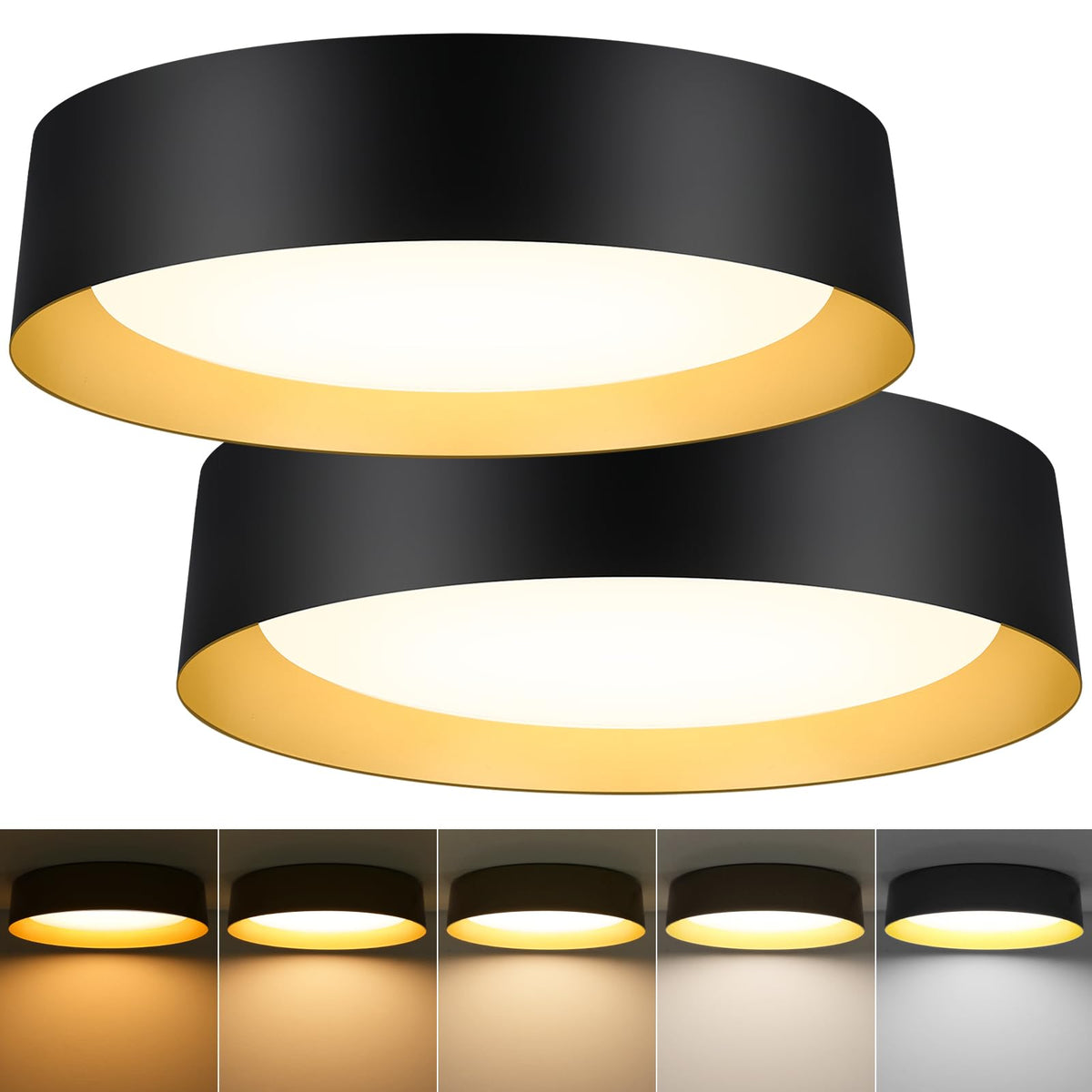BrightHome 16in Flush Mount Ceiling Light, 3000LM 30W(300W Equiv), LED Ceiling Light Fixture 5CCT 2700K 3000K 4000K 5000K 6000K, Dimmable Ceiling Lamp for Bedroom Bathroom Hallway, Black and Gold