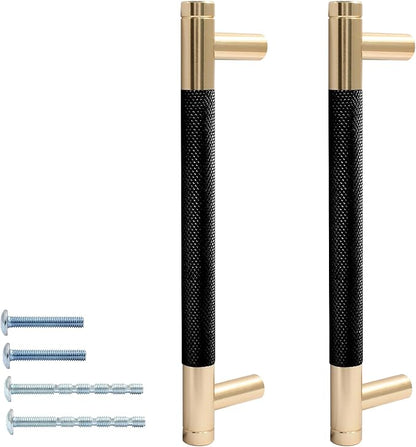 2 Pack 5"128mm Knurled Cabinet Handles Dresser Cabinet Pulls Aluminum Alloy Drawer Cabinet Hardware for Dresser Drawers Cupboard, Gold  Black