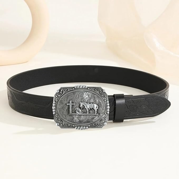 Prayer Cross  Horse Western Belt Buckle for Men, Zinc Alloy 3D Religious Cowboy Design, Antique Finish for Jeans Boots