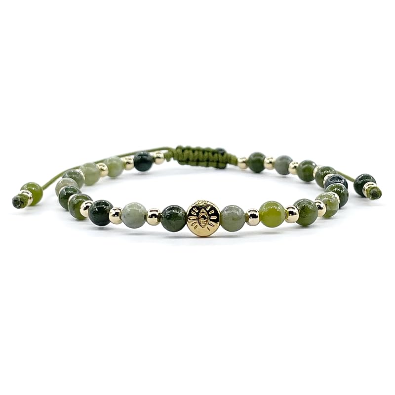 Lucky Evil Eye Natural Stone Beaded Adjustable Bracelet for Women (Green Jade)