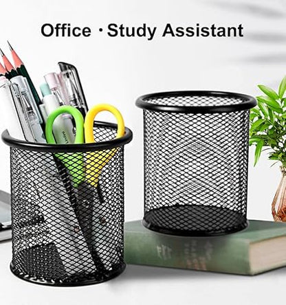 AKOAK 1 Count Desktop Pen Holder, Creative Grid Metal Pen Holder, Round Desktop Accessory and Workspace Organizer for Home, School and Office (Black)