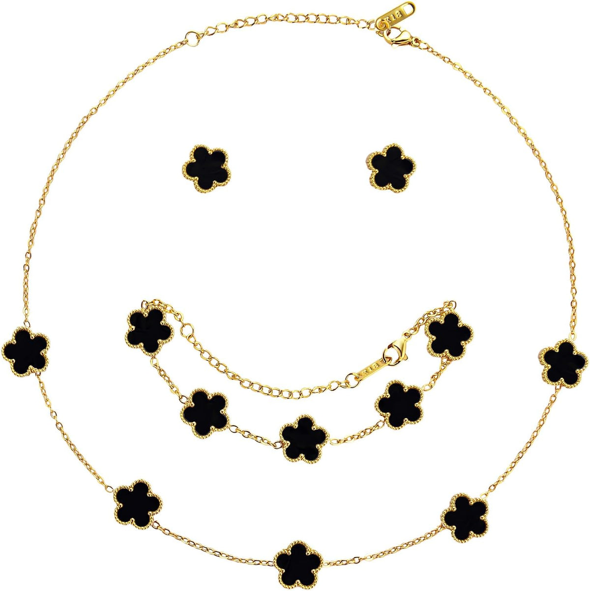 AmorArtSky Lucky Clover Jewelry Set - 18K Gold Plated Flower Design Five Leaf Bracelet, Necklace Pendant, Earrings for Women - Lucky Gifts for Mom, Wife, Daughter, Friends