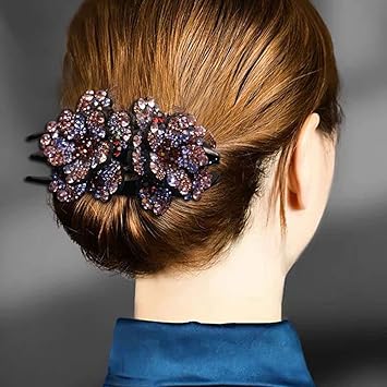 Double Flower Rhinestone Hair Clip Non-Slip Women Elegant Duckbill Clip Hair Dovetail Clips Hair Claw for Thick Long Hair Accessories(B)