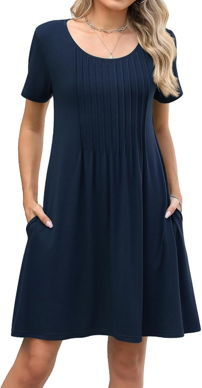 Abardsion Women's Summer Casual Loose T Shirt Dress with Pockets - Short Sleeve Scoop Neck Swing Sundress for Beach