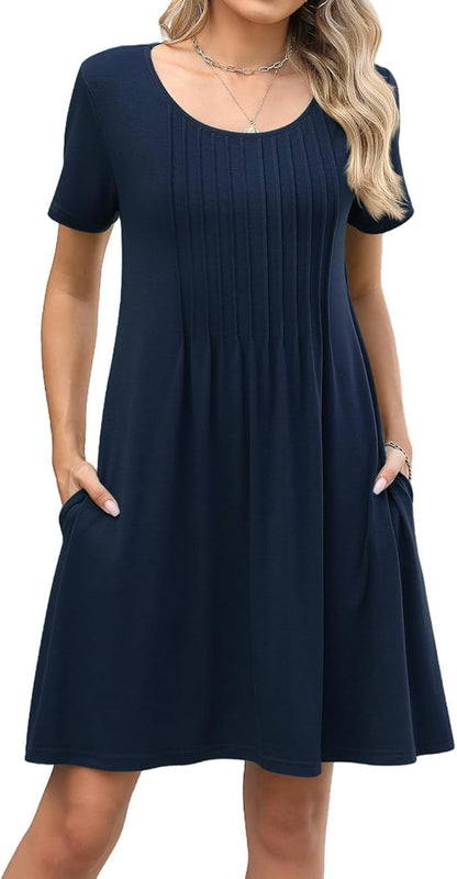 Abardsion Women's Summer Casual Loose T Shirt Dress with Pockets - Short Sleeve Scoop Neck Swing Sundress for Beach