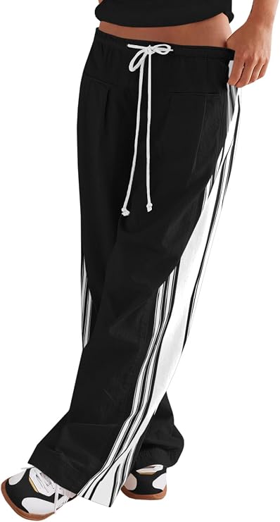 Fisoew Womens Wide Leg Pants Drawstring High Waisted Striped Baggy Palazzo Pants with Pockets