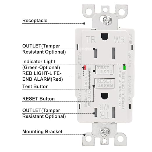 Baomain GFCI 15Amp Output Receptacle. 120VAC 60Hz weatherproof, ground fault circuit interrupter, GFI UL and CUL white listed