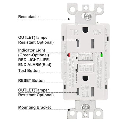 Baomain GFCI 15Amp Output Receptacle. 120VAC 60Hz weatherproof, ground fault circuit interrupter, GFI UL and CUL white listed