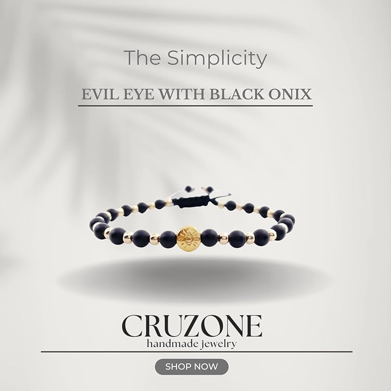 Lucky Evil Eye Natural Stone Beaded Adjustable Bracelet for Women (Black Onix)