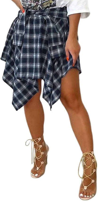 Women Plaid High Waisted Asymmetrical Skater Skirt | Soft Fabric, knot front design, versatile pleated midi skirts, 90s outfits, trendy y2k grunge style, concert daily wear