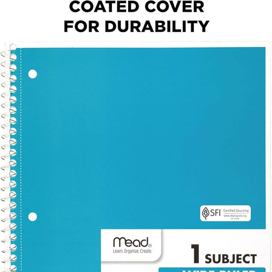 Mead Spiral Notebooks, 1 Subject, Wide Ruled Paper, 70 Sheets, 10-12 x 7-12 inches, Blue, 4 Pack (38400)