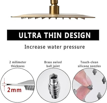 8 Inch Rain Shower Head, BSTIIU High Flow Stainless Steel Square Rainfall ShowerHead, High Pressure Overhead Shower Heads, Wall  Ceiling Mount Ultra Thin Stainless Steel Shower Head, Brushed Gold