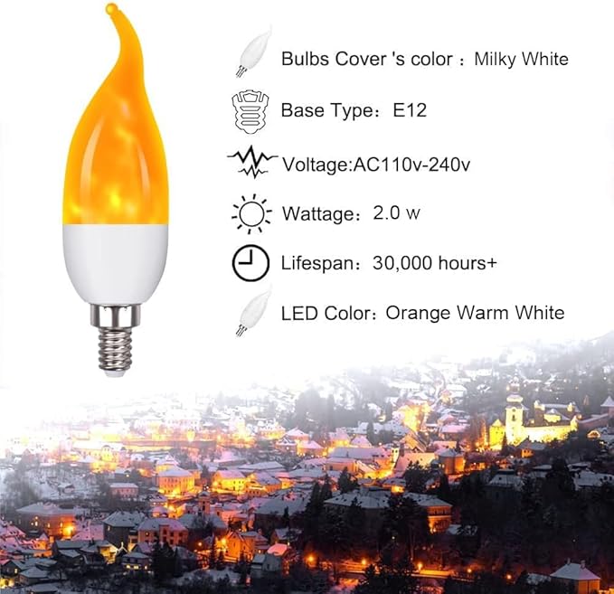 E12 Flame Bulbs 2 Pack, 3 Mode LED Candelabra 2.0 Watt Warm White Chandelier 1800k Candle Light Bulbs, Flame Tip for Christmas Party Decorations