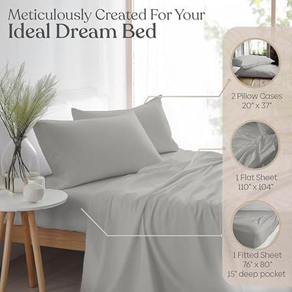 Haus and Kinder King Size Sheets Set, 400 Thread Count Cotton Sheets with Sateen Weave, 4 Piece Set with 15 Deep Pocket (Light Grey)