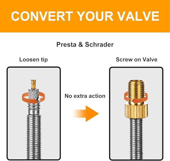 Brass Presta Valve Adapter, Convert Presta to Schrader Adaptor for Bike, Inflate Tire Using Standard Pump or Air Compressor, Tire Valve Caps(2PCS)