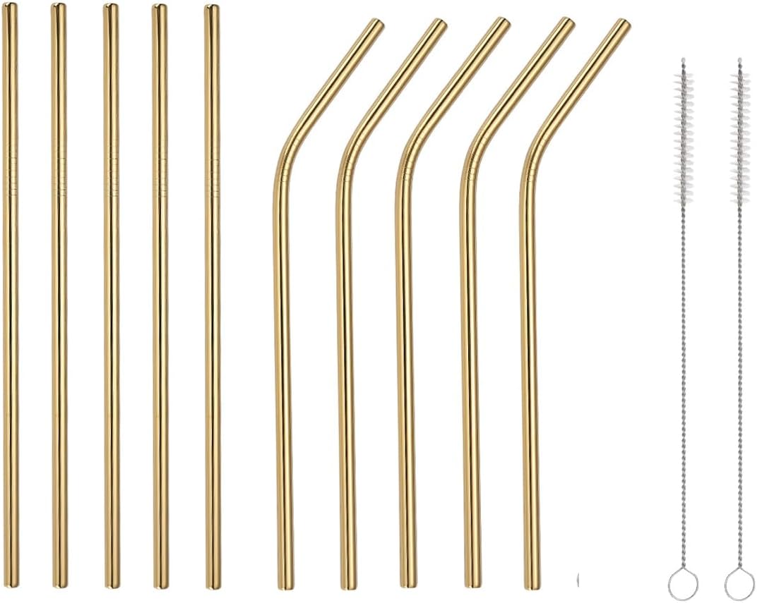 9 Pcs Stainless Steel Straws, Reusable Drinking Straws, 5 Straight + 4 Bent Metal Straws Set With 1 Pcs Cleaning Brushes (Gold, 8.5 Inch)