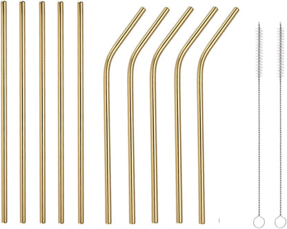 9 Pcs Stainless Steel Straws, Reusable Drinking Straws, 5 Straight + 4 Bent Metal Straws Set With 1 Pcs Cleaning Brushes (Gold, 8.5 Inch)