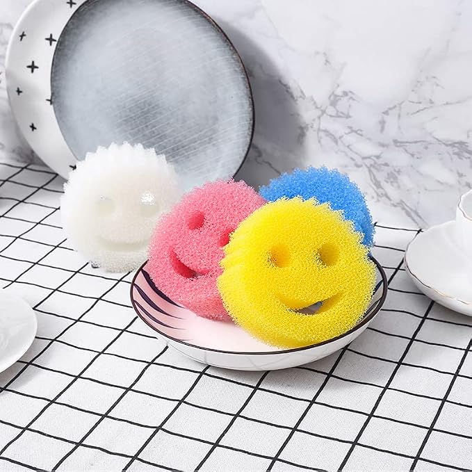Funny Cleaning pad with Smiley Sponge, removes Stains and Odors, for Home Kitchen Cleaning. (Pack of 6) (Colors Vary Pictures)