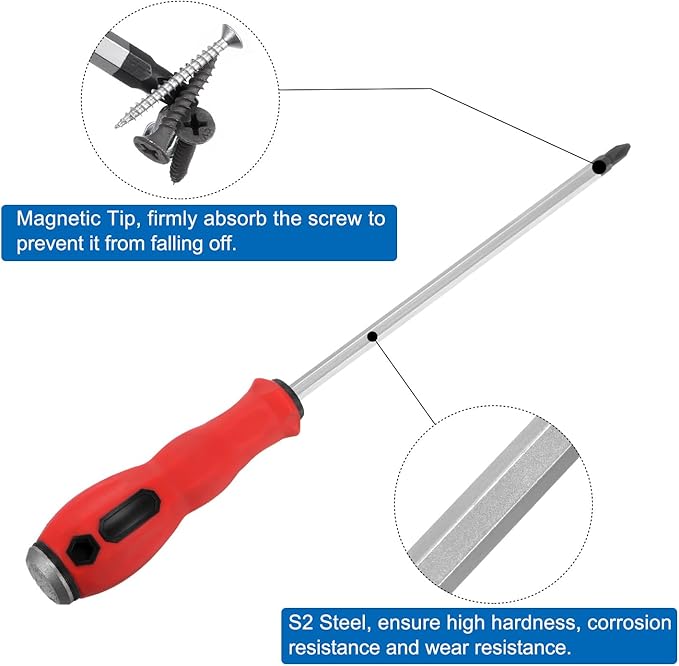 HARFINGTON Go-Thru Screwdriver PH3 x 200mm S2 Steel High Torque Magnetic Phillips Screwdrivers with Striking Cap for Fastening, Chiseling and Loosening