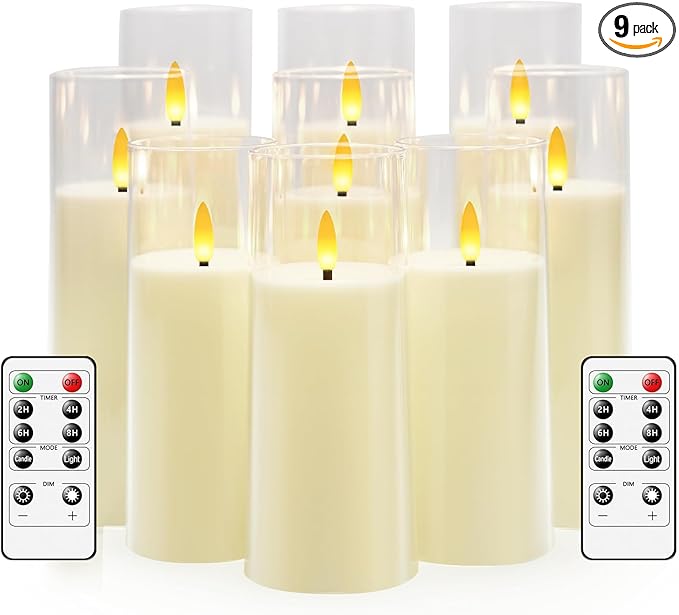 Flickering Flameless Candles Battery Operated with Remote and 2468 H Timer Plexiglass Led Pillar Candles Pack of 9 (D2.2"xH 5"6"7")with Realistic Moving Wick Candles for Home Decor(Ivory)