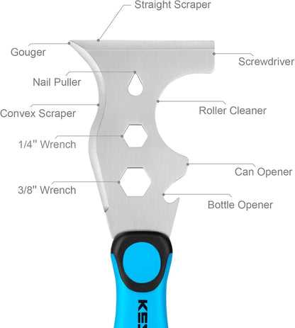 KEZERS 13-In-1 Painter’s Tool, 3" Stainless Steel Putty Knife Scraper, Paint Scraper Tool for Painting & Wood with Metal Hammer End, Multi-Use Drywall Paint Stripper Tool for Scraping Paint & Caulk