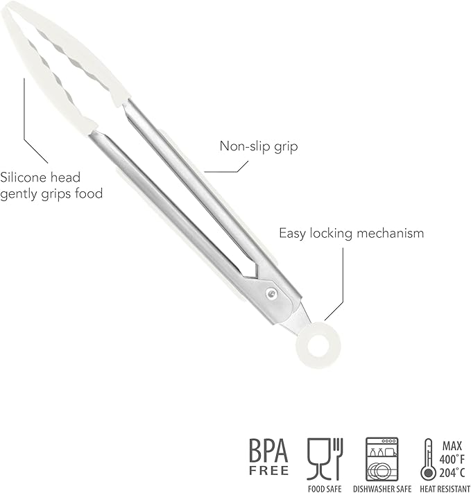 Tovolo Stainless Steel Turner Wide Tips Grips on Handles Non-Stick  Heat-Resistant Silicone, BPA-Free  Dishwasher-Safe, Mini Tongs, White