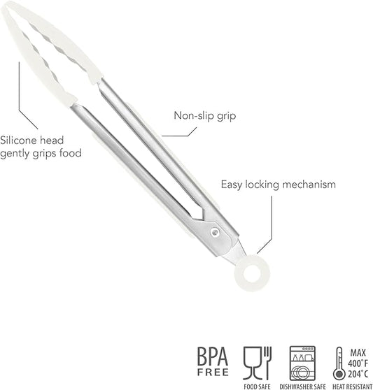 Tovolo Stainless Steel Turner Wide Tips Grips on Handles Non-Stick  Heat-Resistant Silicone, BPA-Free  Dishwasher-Safe, Mini Tongs, White