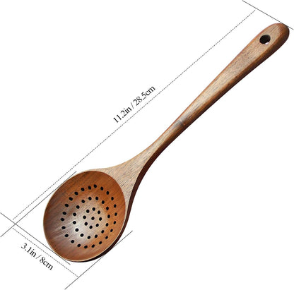 Wooden Strainer Spoon,Wooden Slotted Spoon for Cooking Wood Ladle with Holes Long Handle Skimmer Spoon for Straining Draining Egg Meat Noodles,11Inch
