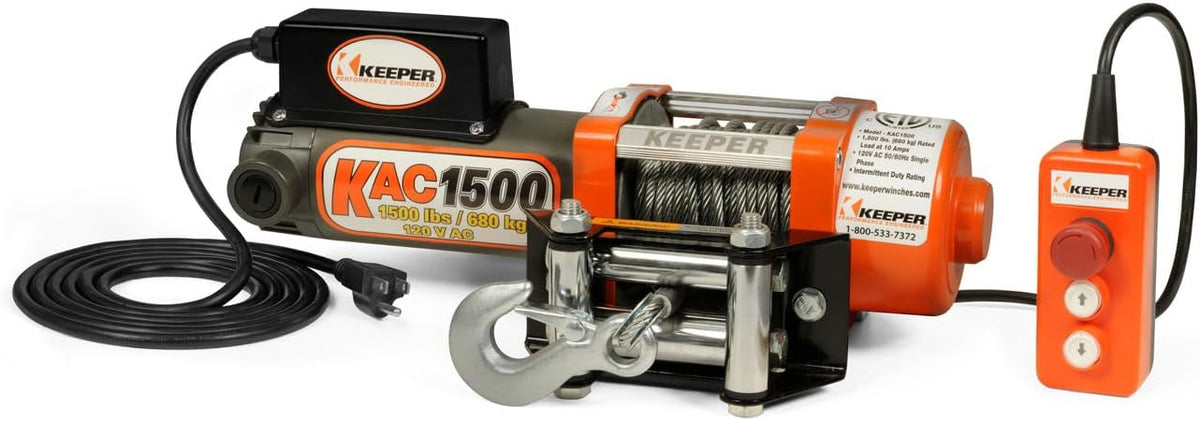 KEEPER Electric Winch 110/120V AC with Remote, Hand Held Control, 1500 lb. Capacity, AC Power, ATV, Truck, SUVs, Large Vehicles, Trailer Winch (Does not include clevis hook)