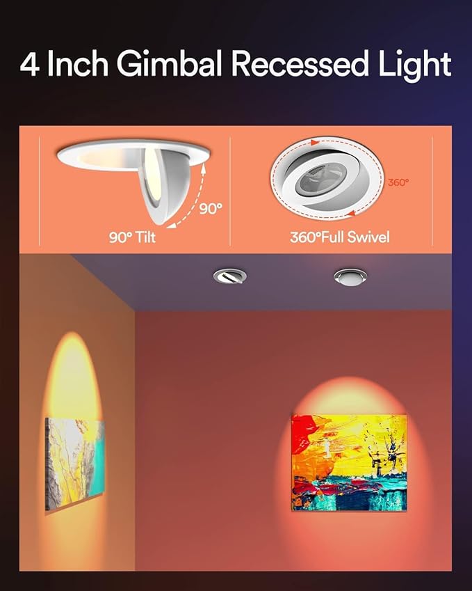 Lumary Smart 4 Inch LED Recessed Lights, 360 90 Adjustable Gimbal Downlight, 7W 550Lm Eyeball Soffit Lights Outdoor LED Exterior, Canless with Junction Box-ETL, Work with Alexa Google Siri, 4 Pack