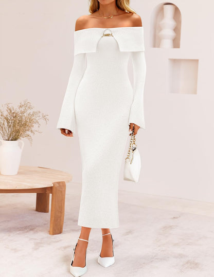Women's Fall Off Shoulder Sweater Dress 2025 Bell Long Sleeve Ribbed Knit Bodycon Formal Maxi Dresses
