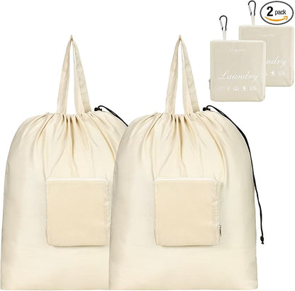 GOGOODA Travel Laundry Bags with Drawstring Closure XL Large Foldable Dirty Clothes bags with Handle Heavy Duty and Washable for College Dorm Travelling Camping, 2 Pack, Beige