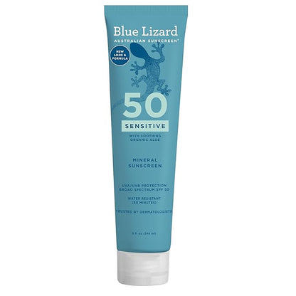 BLUE LIZARD Sensitive Mineral Sunscreen with Zinc Oxide 50 Water Resistant UVAUVB Protection with Smart Cap Technology Fragrance Free, Sensitve, SPF 50 - - Tube, Unscented, 5 Fl Oz