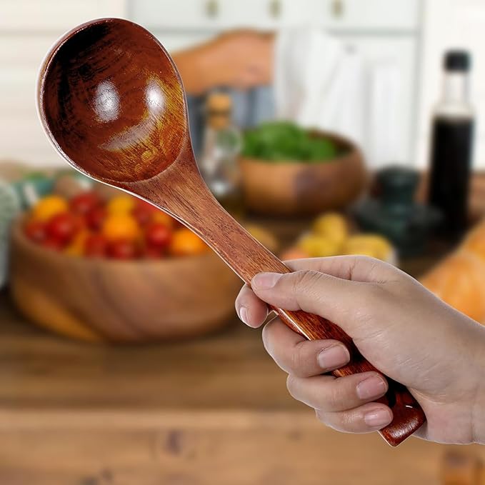 Handcrafted Vintage Lacquered Wooden Spoon Large Soup Spoon for Kitchen Cooking Serving Natural Wooden Utensil with Long Curved Handle