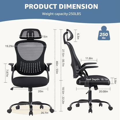 Office Chair, Ergonomic Desk Armchairs with Adjustable Lumbar Support and Flip up Armrest, High Back Rolling Mesh Taskchair with Swive for Home, Gaming, Black