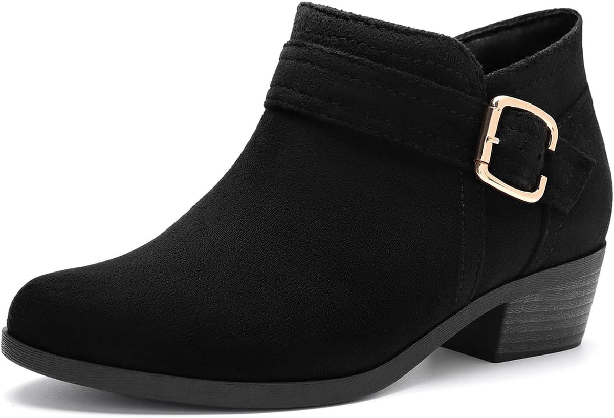 Athlefit Women's Chunky Low Heel Ankle Boots Classic Pointed Toe Side Zipper Booties.
