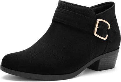 Athlefit Women's Chunky Low Heel Ankle Boots Classic Pointed Toe Side Zipper Booties.