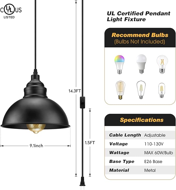 Plug in Pendant Light, 15FT Hanging Lights with Plug in Cord, OnOff Switch, Industrial Pendant Light with Plug in Cord, Metal Hanging Lamps for Living Room, Kitchen, Dining Room, Bedroom