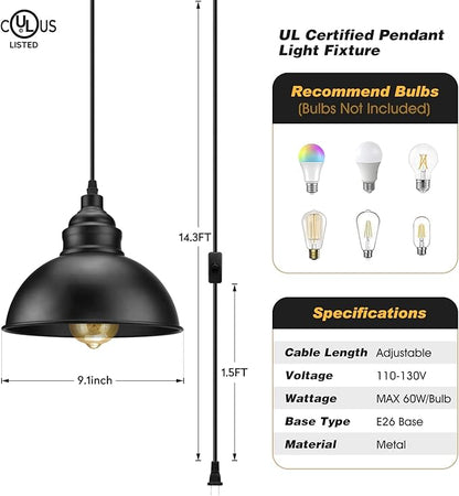 Plug in Pendant Light, 15FT Hanging Lights with Plug in Cord, OnOff Switch, Industrial Pendant Light with Plug in Cord, Metal Hanging Lamps for Living Room, Kitchen, Dining Room, Bedroom