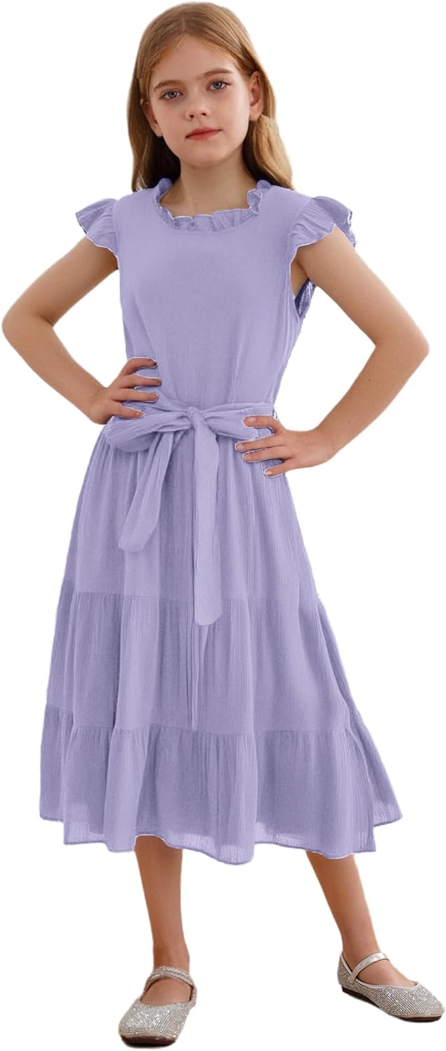 Girls Summer Ruffle Sleeve Flowy Boho Dress Casual A Line Ruffle Tiered Beach Dress with Belt